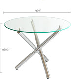 3-Piece Round Glass Dining Table Set for 2, 36" Small Kitchen Table with 2 Velvet Tufted Chairs Modern Silver Glass Dining Room Table Set for Home Kitchen Living Room
