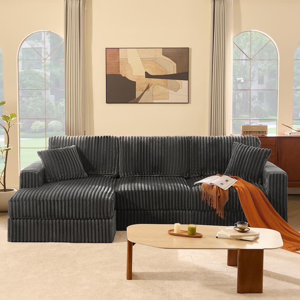 GOSUHI 113" L-Shaped Cloud Couch, Modular Sectional, Deep Seats, Grey | Pocket Spring Cushions, Oversized 3-Seater, Left Facing Chaise, Corduroy Upholstery Couches for Living Room