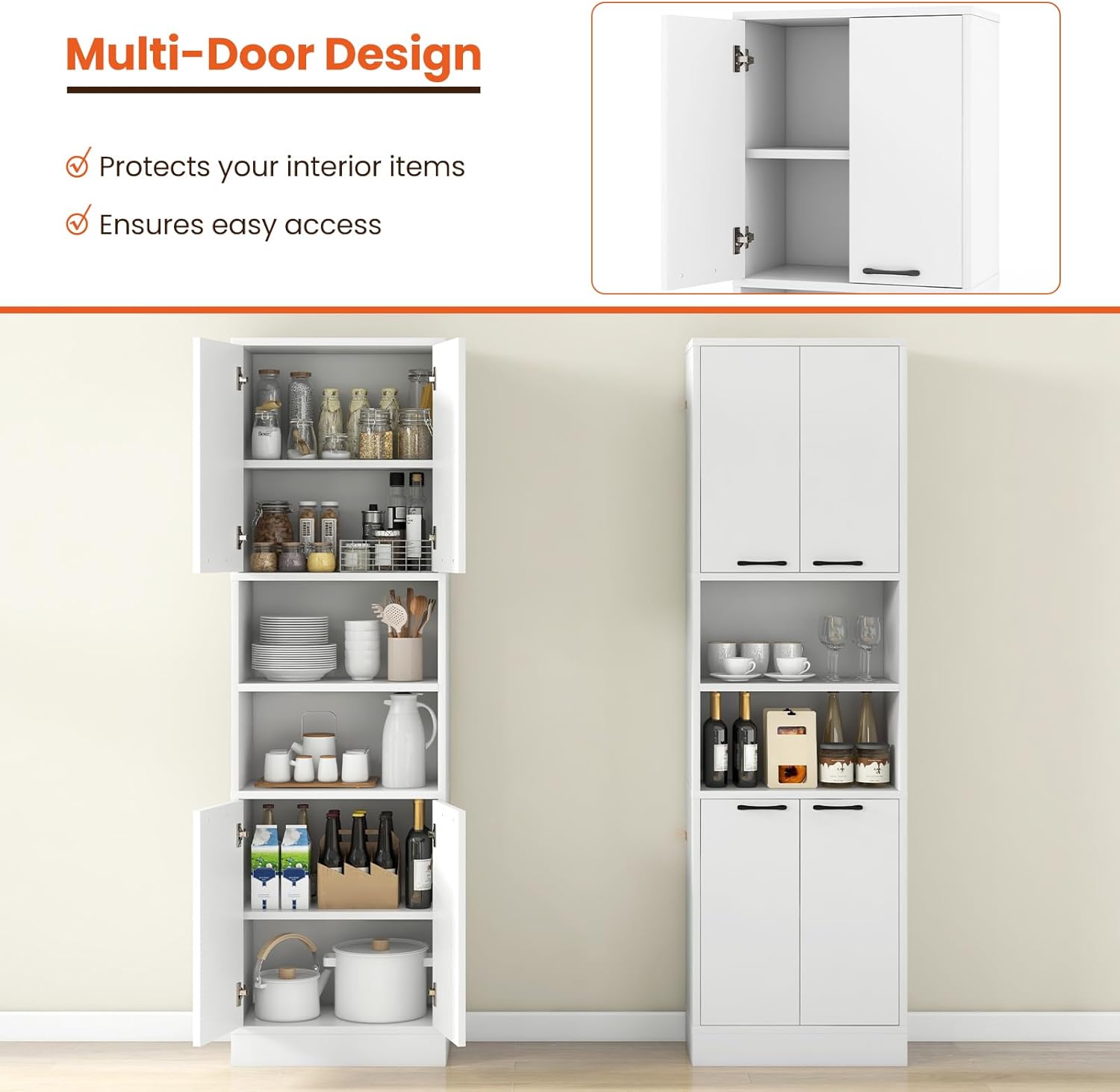 Giantex Kitchen Pantry Cabinet, 75” Tall Freestanding Cupboard with Doors & Shelves, Safety Hinges & Anti-Tipping Devices, Storage Sideboard for Dining Room, Living Room (White)