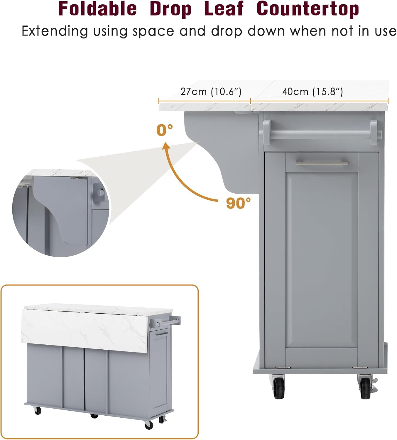 Rolling Kitchen Island Cart with Marble Countertop, Mobile Storage Kitchen Cabinet with Drawers & Cabinets for Small Kitchen Apartment
