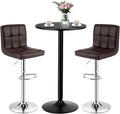 COSTWAY 3-Piece Bar Table Set, Counter Height Table Set with 2 Bar Stools | Round Cocktail Table and PU Leather Adjustable Swivel Chairs, for Kitchen, Office, Brown