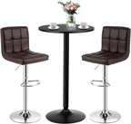 COSTWAY 3-Piece Bar Table Set, Counter Height Table Set with 2 Bar Stools | Round Cocktail Table and PU Leather Adjustable Swivel Chairs, for Kitchen, Office, Brown
