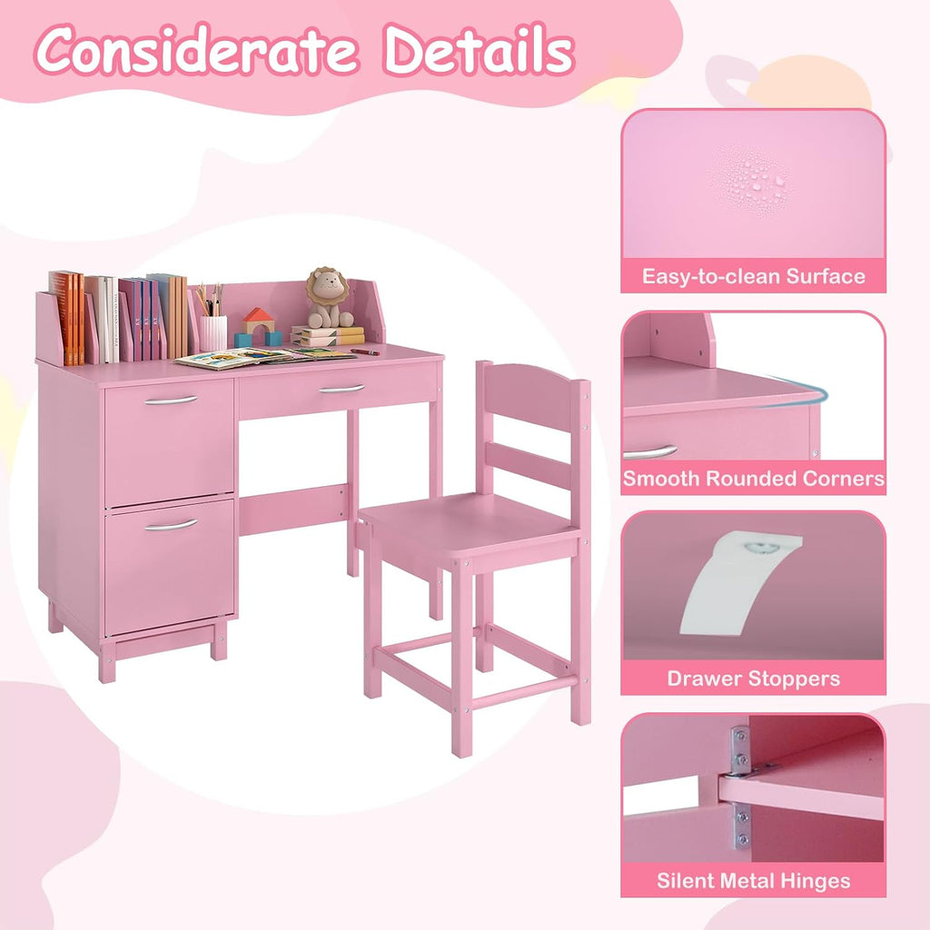 GLACER Kids Desk and Chair Set, Children’s School Study Table w/Storage Hutch, Drawer & Cabinets, Wooden Student Writing & Computer Desk for Bedroom, Study Room & Homeschool for Ages 3-8 (Pink)