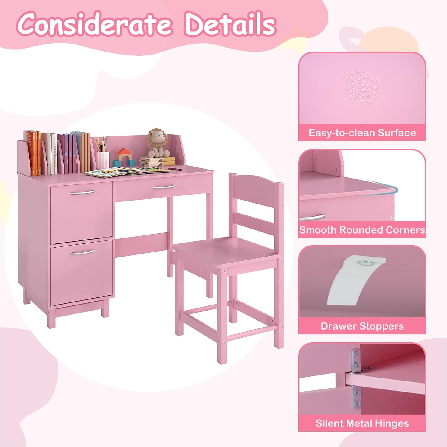 GLACER Kids Desk and Chair Set, Children’s School Study Table w/Storage Hutch, Drawer & Cabinets, Wooden Student Writing & Computer Desk for Bedroom, Study Room & Homeschool for Ages 3-8 (Pink)