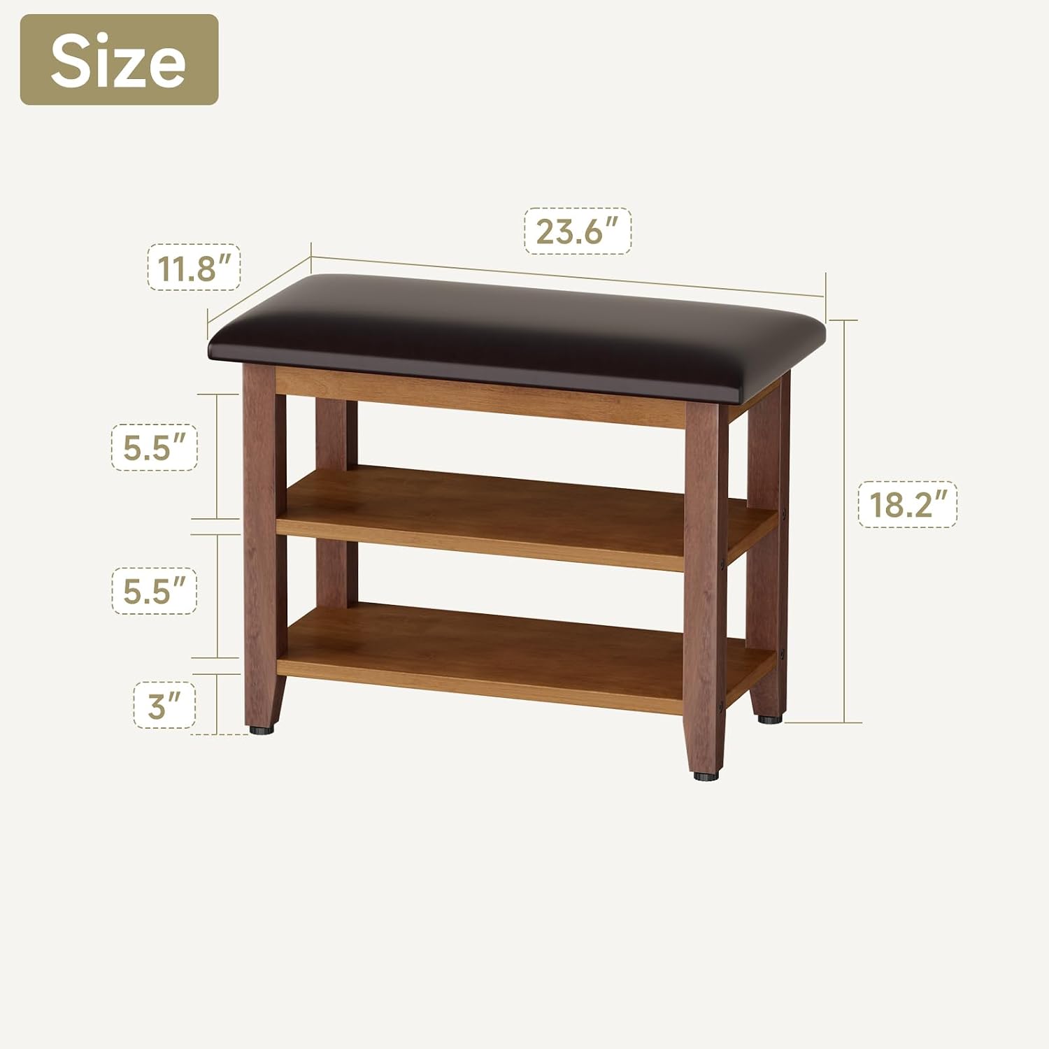 Shoe Bench with Leather Cushion,Wood Bench with Shoe Rack,2-Tier Shoe Storage Organizer for Entryway,Hallway,Living Room (2-Tier-23.6", Rubberwood)