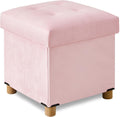 BRIAN & DANY 15" Small Ottoman with Storage Cube, Square Storage Ottoman Foot Stool with Wood Legs, Velvet Ottomans for Living Room, Bedroom, Dorm, Pink