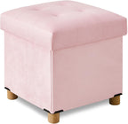 BRIAN & DANY 15" Small Ottoman with Storage Cube, Square Storage Ottoman Foot Stool with Wood Legs, Velvet Ottomans for Living Room, Bedroom, Dorm, Pink