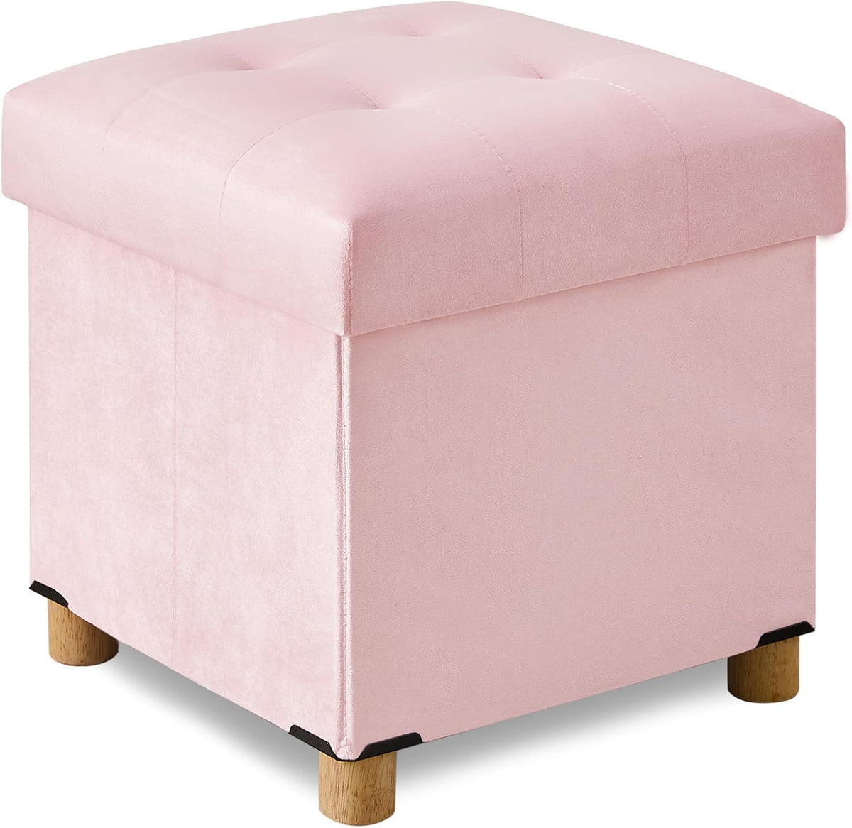 BRIAN & DANY 15" Small Ottoman with Storage Cube, Square Storage Ottoman Foot Stool with Wood Legs, Velvet Ottomans for Living Room, Bedroom, Dorm, Pink