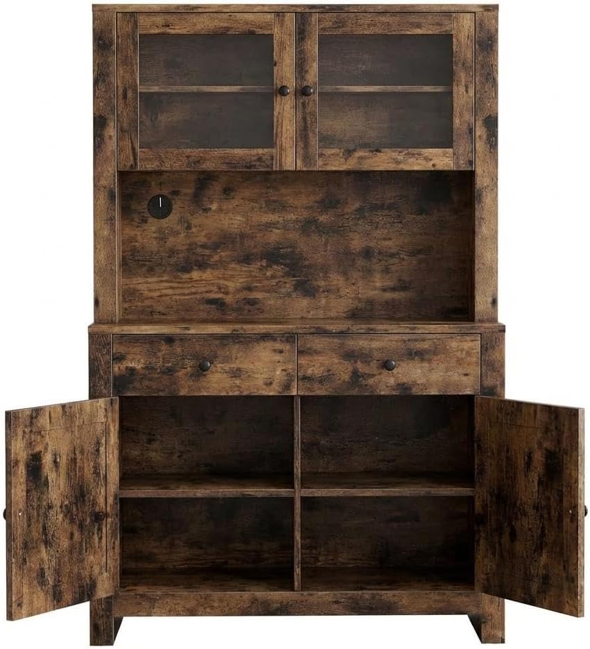 IDEALHOUSE 63" Kitchen Pantry Cabinet with Drawers, Hutch Cabinet with Storage, Microwave Stand, Adjustable Shelves, Freestanding Tall Pantry Storage for Dining Room, Living Room, Rustic Brown