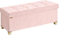 SONGMICS Storage Ottoman Bench, PU Leather Foldable Footrest, Padded Seat | Chest for Bedroom, 43.3 x 15 x 15.7 inches, Jelly Pink, MINOTA Collection ULSF524SA01