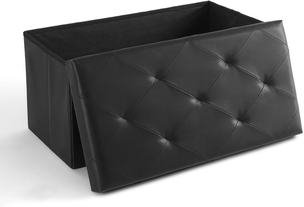 Sweetcrispy 30 Inches Folding Ottoman with Storage Bench, Foot Rest Stool, End of Bed Storage Bench Upholstered, Load 660 lbs, for Living Room, Lychee Grain Leather, Black