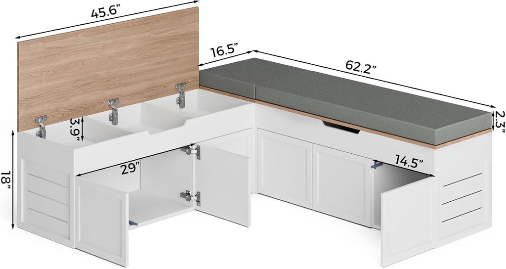 Kikihouse L-Shaped Corner Storage Bench with Cushion, Backless Wood Bench with Hidden Storage, for Dining Nook, Kitchen, Entryway, Cloakroom (Bench+Light Gray Cushion)