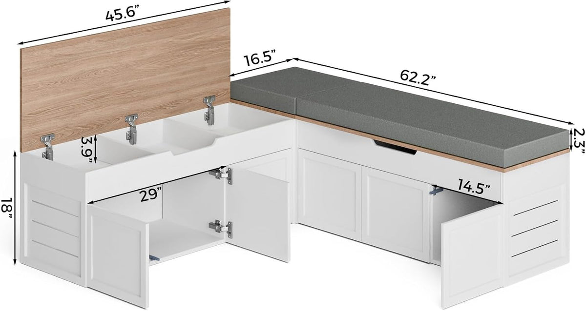 Kikihouse L-Shaped Corner Storage Bench with Cushion, Backless Wood Bench with Hidden Storage, for Dining Nook, Kitchen, Entryway, Cloakroom (Bench+Light Gray Cushion)