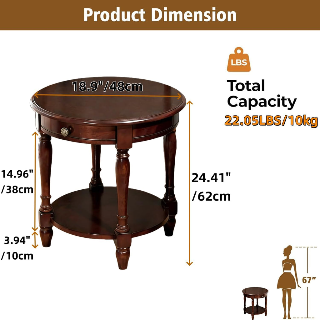 YUNMUAIR-Solid Wood End Table,Round Side Table with Drawers,Vintage Nightstand,Sofa Side Tables with Storage Shelf,Traditional Retro End Tables for Small Spaces,Living Room,Bedroom,Dark Brown