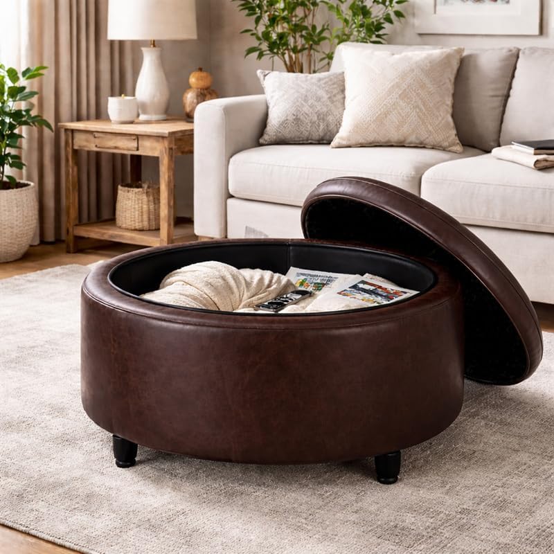 Niche Knight 28-Inch Large Round Pintucked Storage Ottoman with Lift-Off Lid, Tufted Faux Leather Accent Footrest for Living Room, Bedroom, Entryway, Hidden Storage – Brown Faux Leather