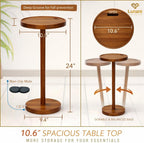Drink Table for Small Spaces, 24” Tall Pedestal Side Table with Stable Base, Phone Holder & 2 Coasters, Natural Wood Accent End Table for Sofa, Bedside, Balcony or Living Room