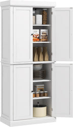 HOMCOM 72.5" Tall Kitchen Pantry Cabinet, Freestanding Modern Farmhouse Kitchen Storage Cabinet with 4 Doors and 2 Adjustable Shelves for Dining Room, White