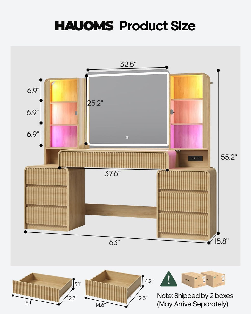 Big Vanity Desk, Fluted Makeup Vanity with Mirror Lights, Dressing Table