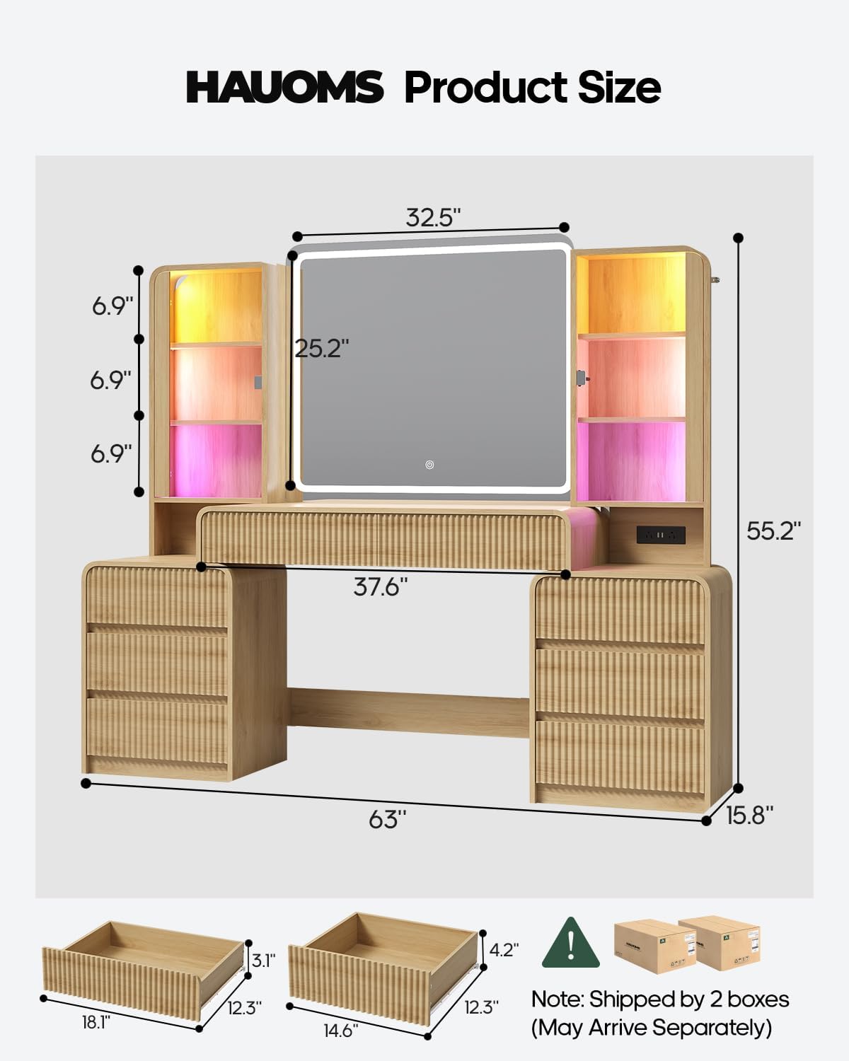 Big Vanity Desk, Fluted Makeup Vanity with Mirror Lights, Dressing Table