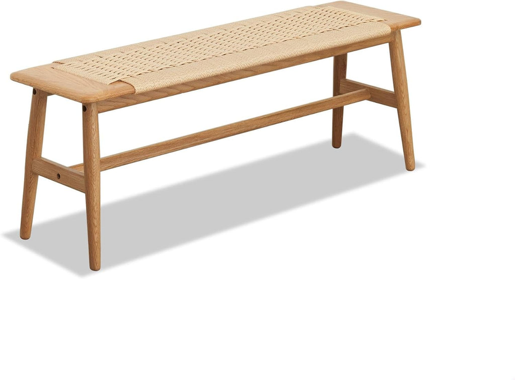 47.24" Natural Oak Wood Dining Bench with Woven Cane Seat Solid Wood Entryway Bench for Dining Room Bedroom Living Room, Natural