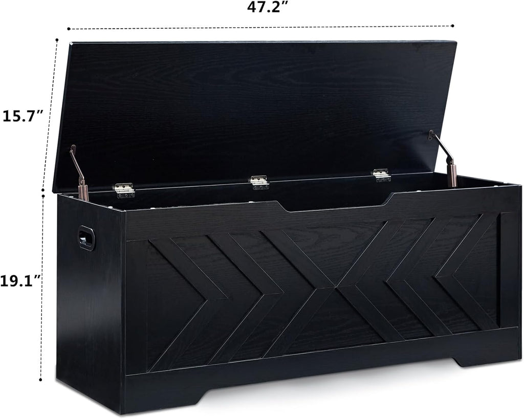 47.2” Storage Bench,Extra Large Wooden Storage Chest with 2 Safety Hinges,entryway Bench,Blanket Storage,Shoe Storage Bench for Entryway,Bedroom,Living Room,Easy Assembly-Black