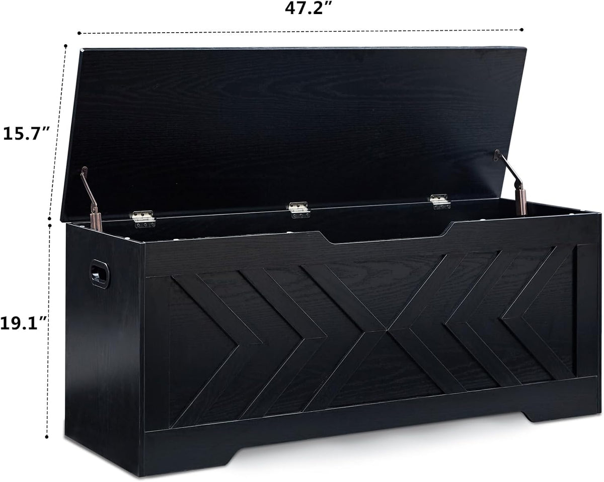 47.2” Storage Bench,Extra Large Wooden Storage Chest with 2 Safety Hinges,entryway Bench,Blanket Storage,Shoe Storage Bench for Entryway,Bedroom,Living Room,Easy Assembly-Black