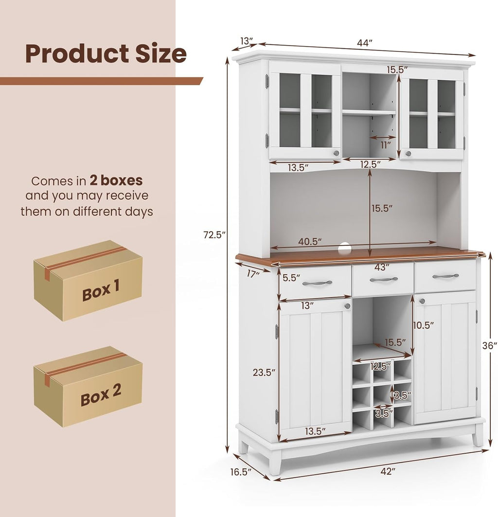 PETSITE Kitchen Pantry Storage Cabinet, Freestanding Microwave Cupboard with Tempered Glass Cabinet, Wine Rack, Adjustable Shelves, Buffet with Hutch for Living Room, Dining Room, White