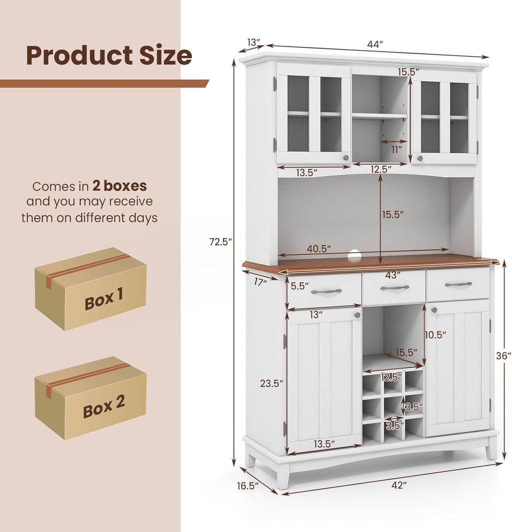 Moccha Kitchen Hutch with Storage, Farmhouse Buffet Cabinet Cupboard with Glass Doors, Drawers, Wine Rack, Adjustable Shelves, Pantry Storage Cabinet Sideboard for Living Room, Dining Room, White