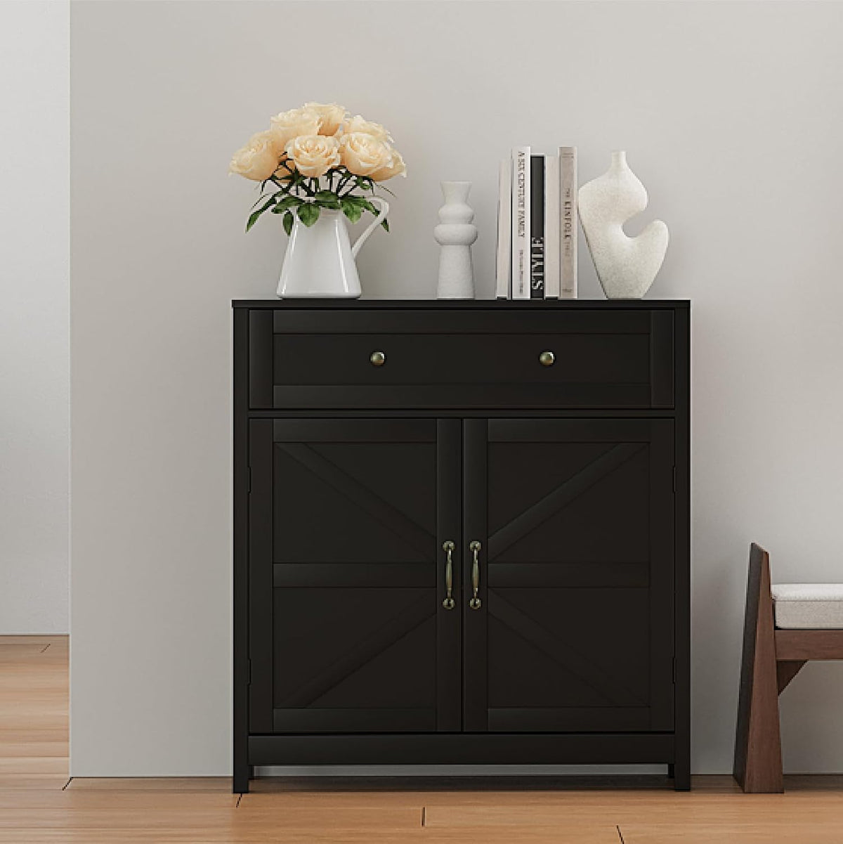Semiocthome Farmhouse Sideboard Buffet Cabinet with Storage and Adjustable Shelf, Accent Table with Barn Door, Storage Cabinet for Kitchen, Dining Room, Bathroom, Entryway - Black