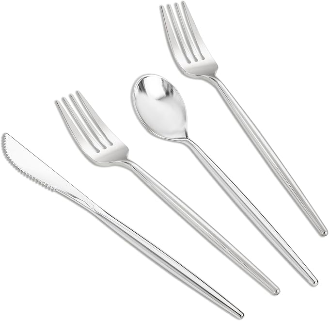 SUT 300Pcs Silver Plastic Cutlery, Silver Utensils Disposable, silver Plastic Silverware Set Include 100 Plastic Forks, 100 plastic Spoons, 100 plastic Knives Heavy Duty Flatware for Party