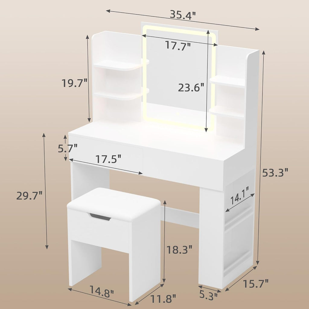 YESHOMY 35.4 Inch Vanity Desk Set with LED Mirror and Lights, Modern White | Makeup Vanity Set with 2 Drawers, Side Shelves, Storage Bench, Open Shelves and 3 Color Lighting Modes
