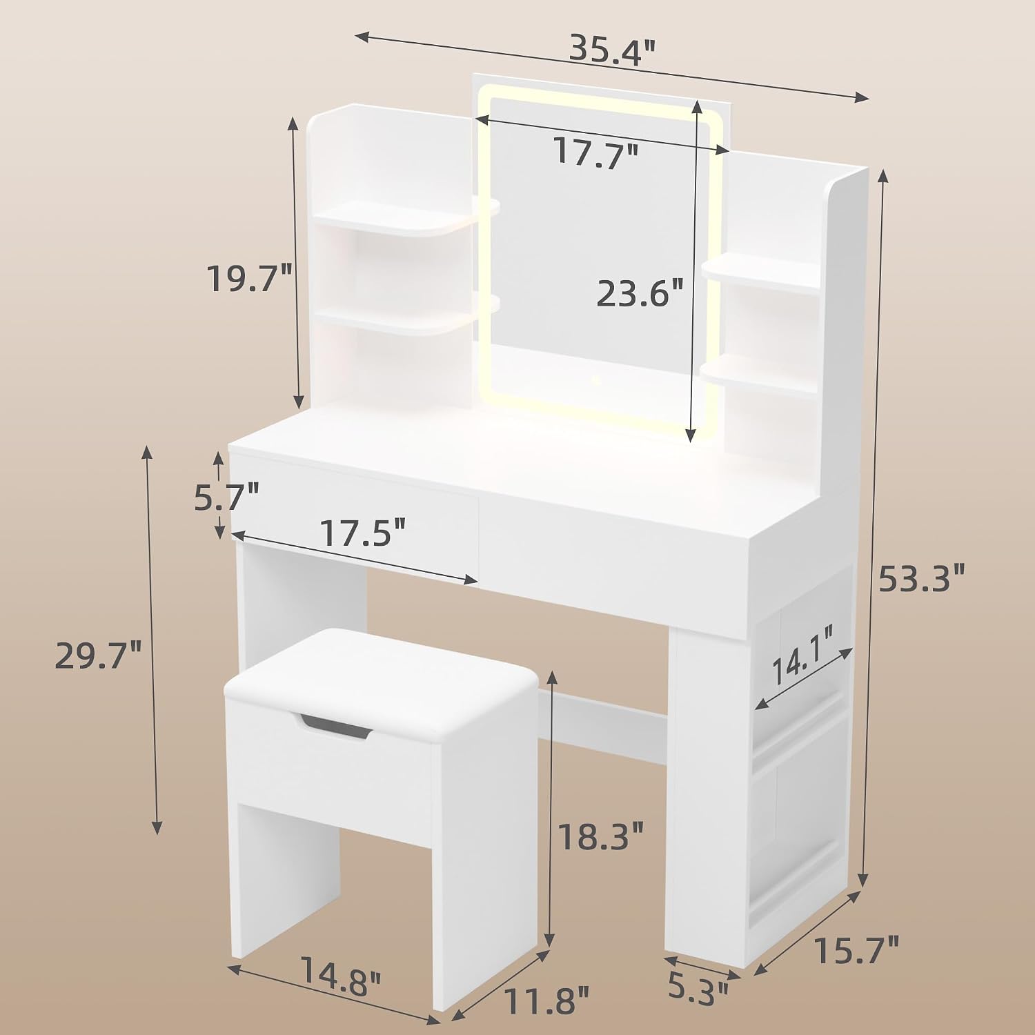 YESHOMY 35.4 Inch Vanity Desk Set with LED Mirror and Lights, Modern White | Makeup Vanity Set with 2 Drawers, Side Shelves, Storage Bench, Open Shelves and 3 Color Lighting Modes