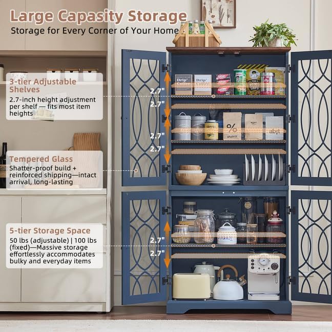 Joaxswe 67" Tall Pantry Cabinet Set of 3, Vintage Kitchen Pantries Cabinets with Glass Doors & Adjustable Shelves, Wood Cupboard with Large Storage for Dining Room, Bathroom, Navy Blue