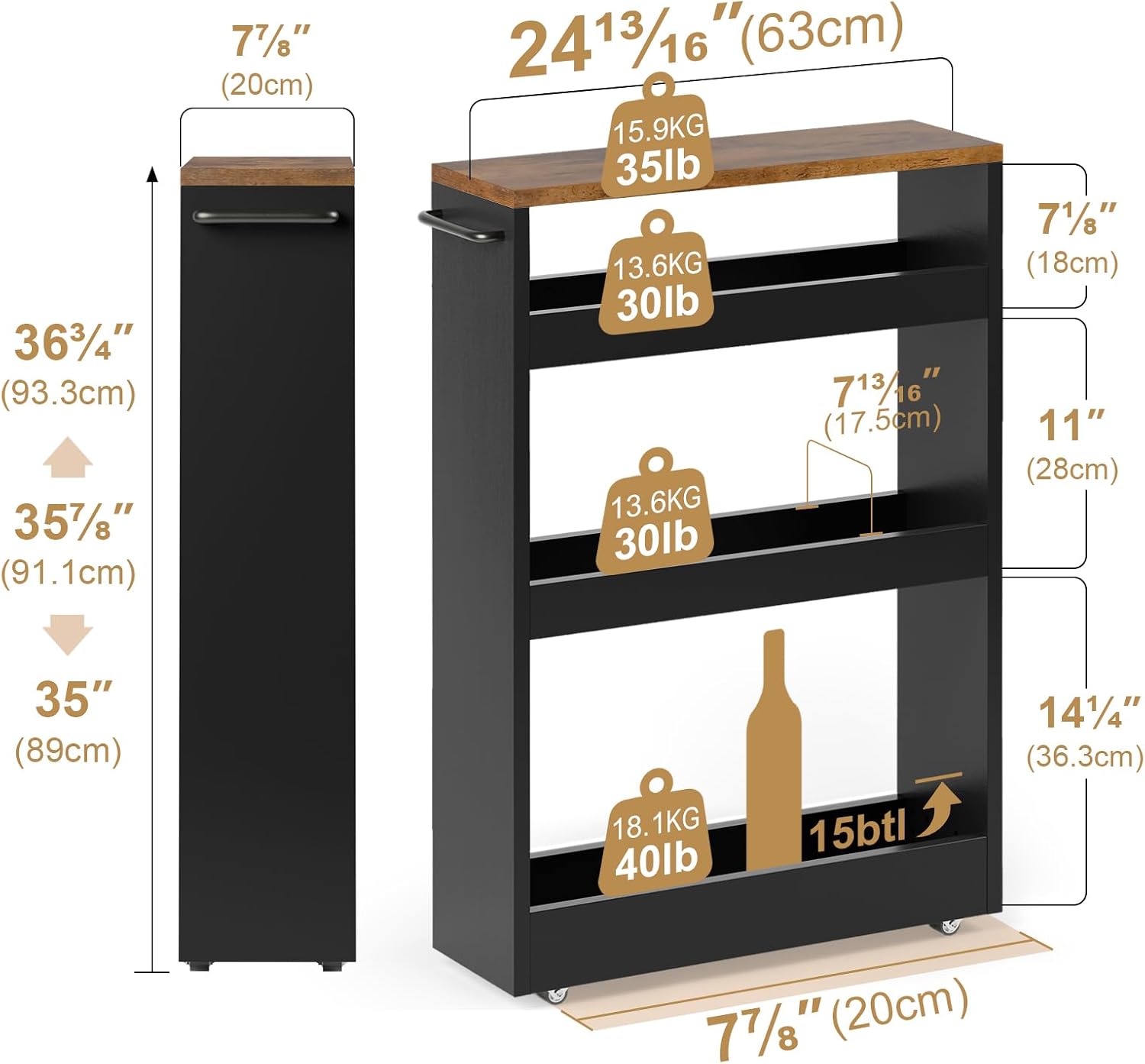 TEAMIX Wood 4-Tier Slim Rolling Storage Cart, 7.9"W, 24.8"D, 36.7"H, Black | Height Adjustable, 360°Swivel Wheels, Deeper & Taller, Use as Narrow Kitchen Cart, Laundry Organizer Between Washer & Dryer
