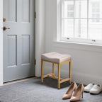 Saddle Seat Vanity Stool, Makeup Stool Chair with Metal Leg, U-Shaped Ottoman Foot Rest, Small Square Chairs Under Desk for Vanity, Living Room, Modern Makeup Bench Linen Light Brown&Gold