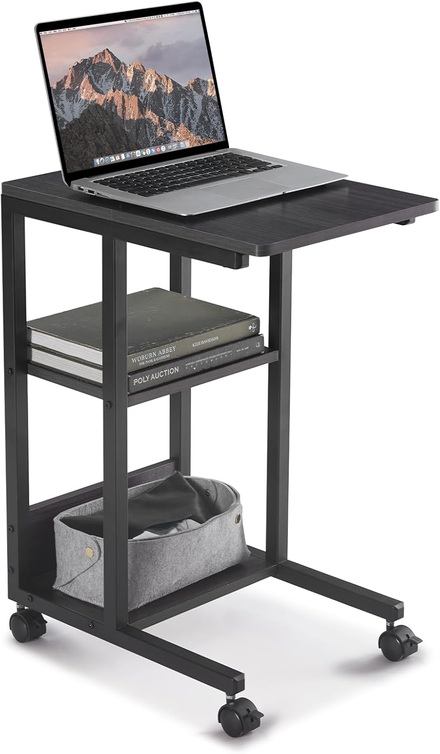 Farini C Shaped Sofa Side End Table, Mobile Snack Table with Brake Wheels Couch Bedside Table with 3-Layer storages,Black Oak