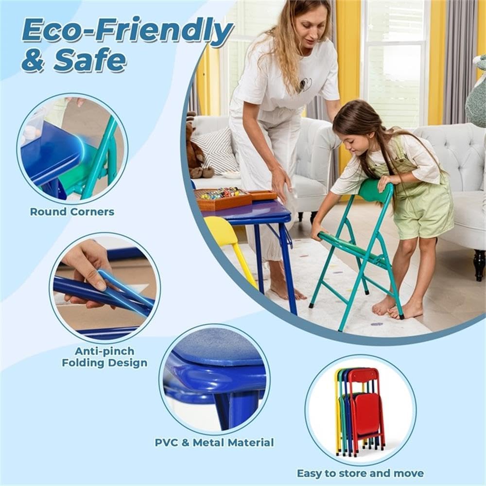 Pemberly Row Kids' Table Chair Set, Multicolor, 4-Piece Set, Includes Yellow, Pink, Blue, Green Chairs, Foldable Sturdy Table, Child-Safe Materials, Lightweight Design, Ideal for Ages 3-8