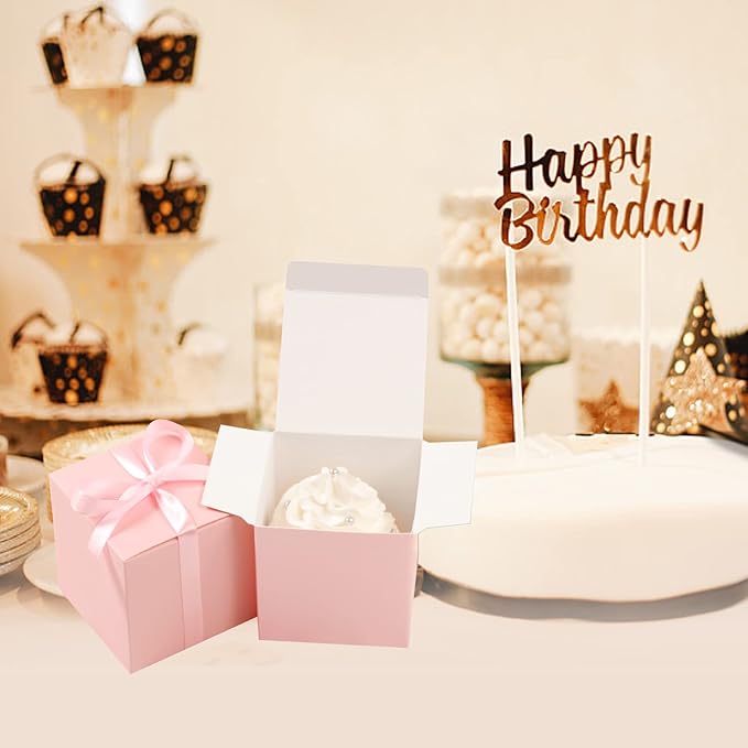 COTOPHER 100pcs Wedding Favor Boxes, Paper Gift Boxes 3x3x3 Inches Small Gift Boxes with Ribbons Small Boxes for Gifts, Crafting, Cupcake, Candy, Bridesmaid Proposal Boxes，Easy Assemble Boxes (Pink,