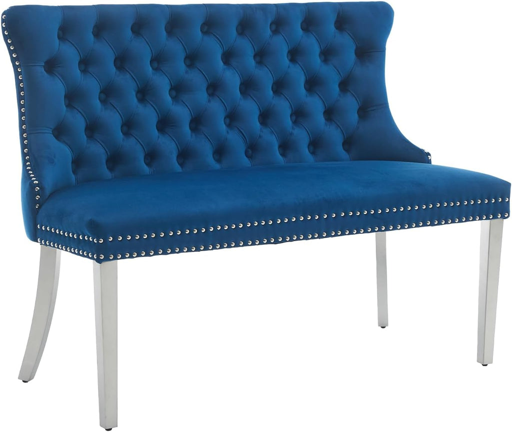 Shenyon Velvet Upholstered Dining Bench with Back, Tufted Loveseat Bench with Silver Stainless Steel Legs and Nailhead Trim, Banquette Seating for Dining Room, Kitchen, Entryway (Blue, Dining Bench)