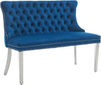 Shenyon Velvet Upholstered Dining Bench with Back, Tufted Loveseat Bench with Silver Stainless Steel Legs and Nailhead Trim, Banquette Seating for Dining Room, Kitchen, Entryway (Blue, Dining Bench)
