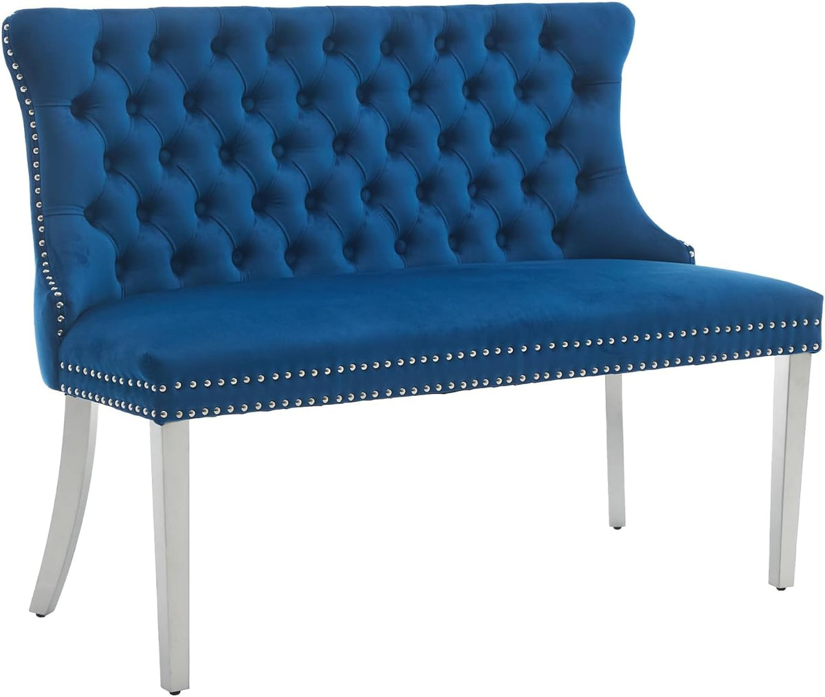 Shenyon Velvet Upholstered Dining Bench with Back, Tufted Loveseat Bench with Silver Stainless Steel Legs and Nailhead Trim, Banquette Seating for Dining Room, Kitchen, Entryway (Blue, Dining Bench)