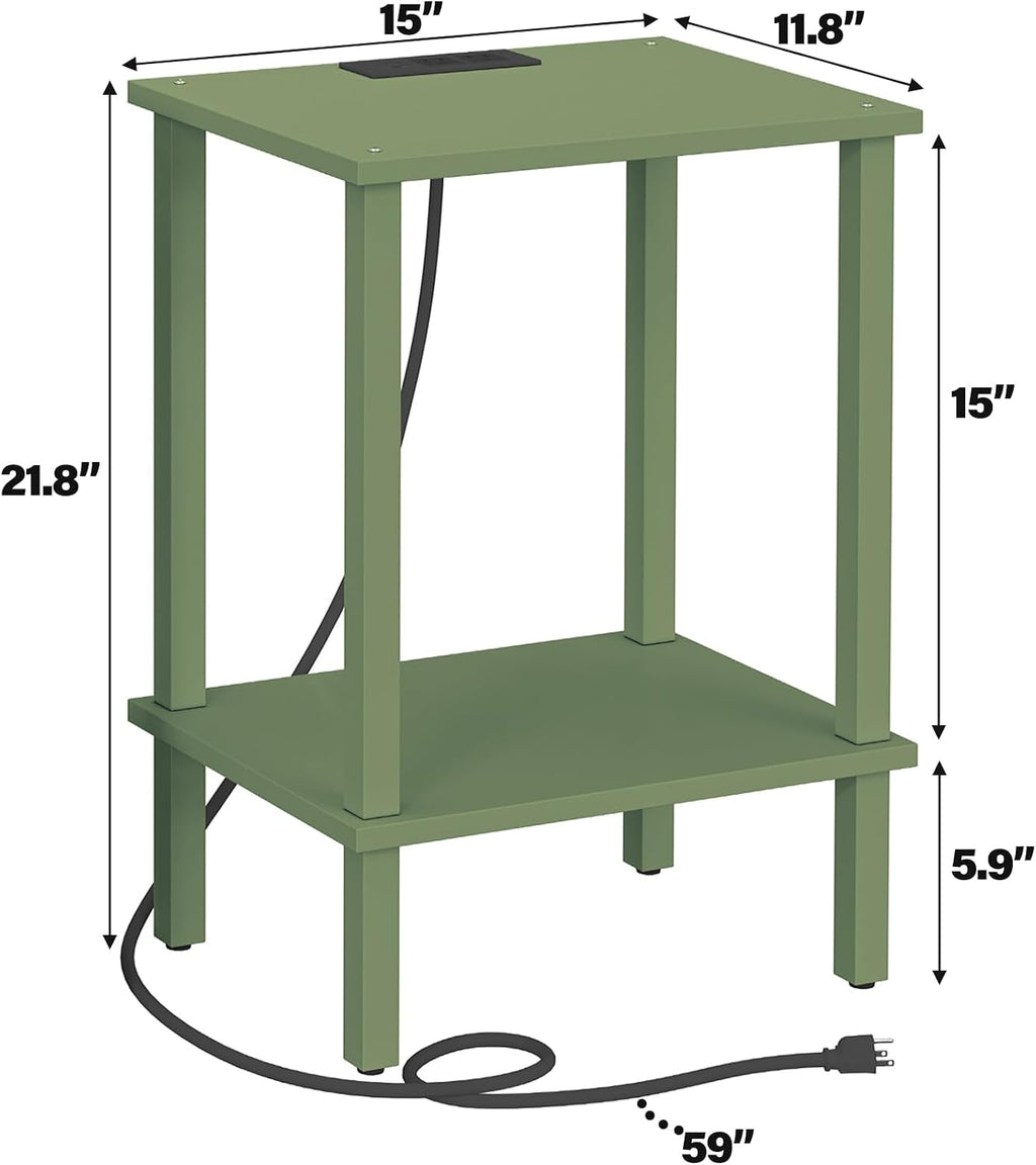 TUTOTAK End Table with Charging Station, Small Side Table with Outlets, Nightstand Bedside Table, 2-Tier Storage Shelf for Small Space, Living Room, Bedroom, Olive Green TB01BOG040