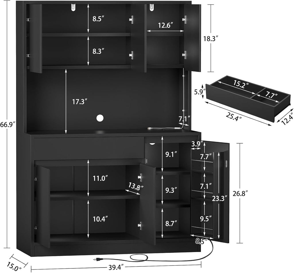 TEENFON Pantry Cabinet with Charging Station and LED Light, Kitchen Pantry Cabinet with Microwave Stand, Kitchen Storage Cabinets with Adjustable Shelves and Door Shelves for Dining Room, Black