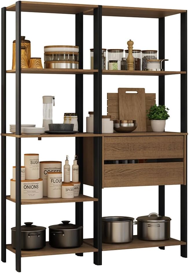 Madesa Kitchen Pantry Storage Rack with 2 Drawers and Open Shelves 51" L Multiuse Modular Cabinet for Kitchen Organization - Black/Brown