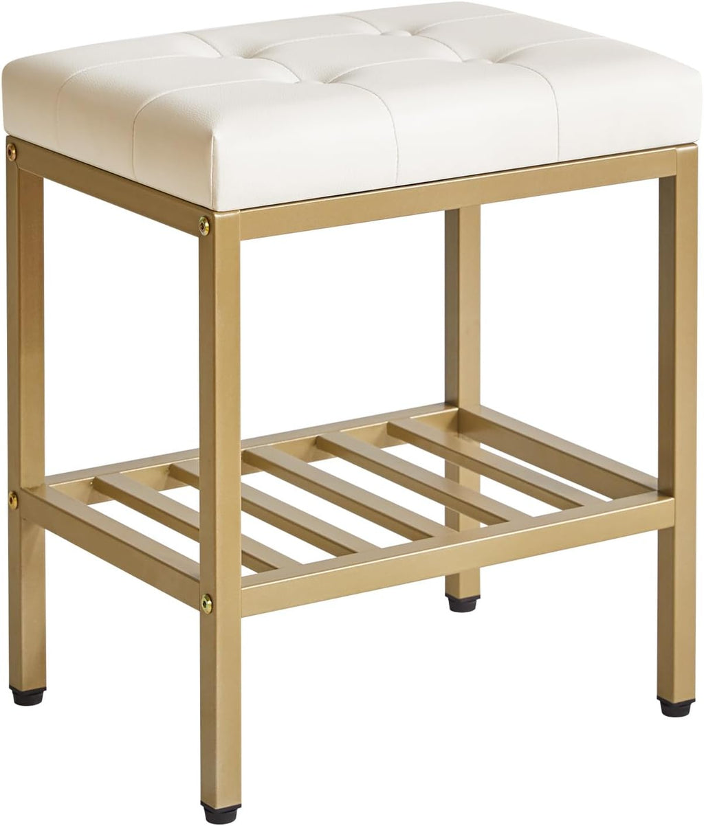 IBUYKE Rectangular Makeup Stool, PU Seat Vanity Chair, White WBD017W | Adjustable Feet Storage Space Footrest Multi-Use Small Side Table Ottoman Bedroom