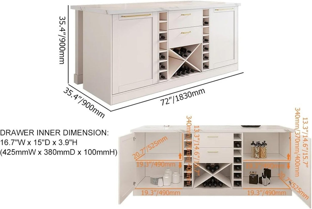72" Kitchen Island with Storage,White Marble Melamine Cabinet with Drawers, Shelves & Wine Rack for Kitchen or Dining Room