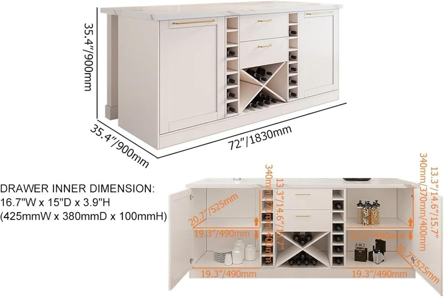 72" Kitchen Island with Storage,White Marble Melamine Cabinet with Drawers, Shelves & Wine Rack for Kitchen or Dining Room