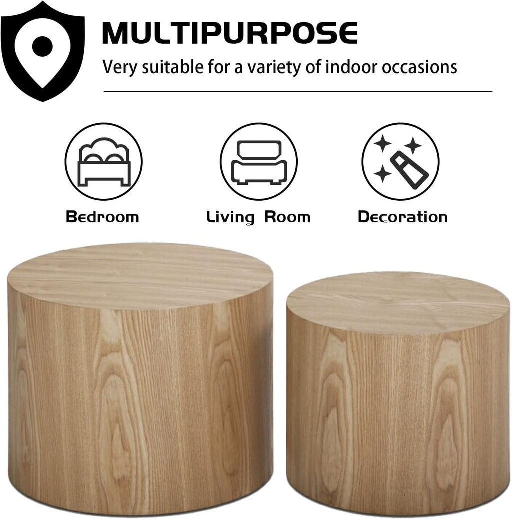 Wood Side Table Round Small Coffee Tables Nesting End Table Set of 2 for Living Room Bedroom Office, No Assembling (Oak/Walnut - Round)