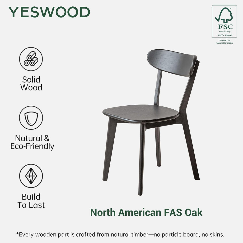 YESWOOD Oak Dining Chairs Set of 2, 100% Solid Wood Kitchen Chairs with Curved Backrest, Mid Century Modern & Farmhouse Side Chairs for Dining Room, Living Room, Study, Black