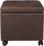 Adeco 16.7" H Brown Leather Storage Ottoman with 360 Caster Wheels, Square Foot Stool with Decorative Bronze Thumb Tacks & 330 LB Load Capacity, Modern Ottoman for Living Room, Bedroom, Entryway